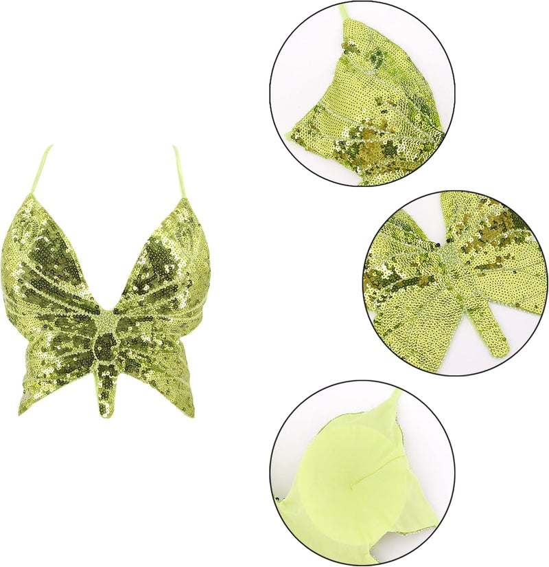 Mocure Womens Glitter Sequin Butterfly Crop Top Low-Cut Tank Top Rave Tube Vest Top for Belly Dance Costume Outfits - Image 5